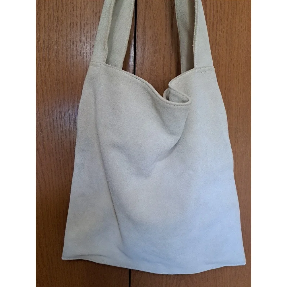 Tweeds Large Ivory Suede Leather Hobo Shoulder‎ Tote Bag Purse Vtg Cotton Lined